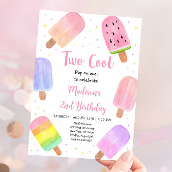 Two Cool Pink Popsicle Birthday Invitation by LittlePrintsParties at Zazzle