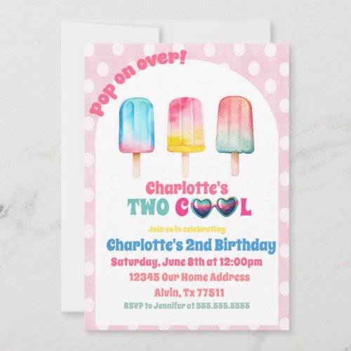 TWO COOL Pink Popsicle Summer Birthday Invitation