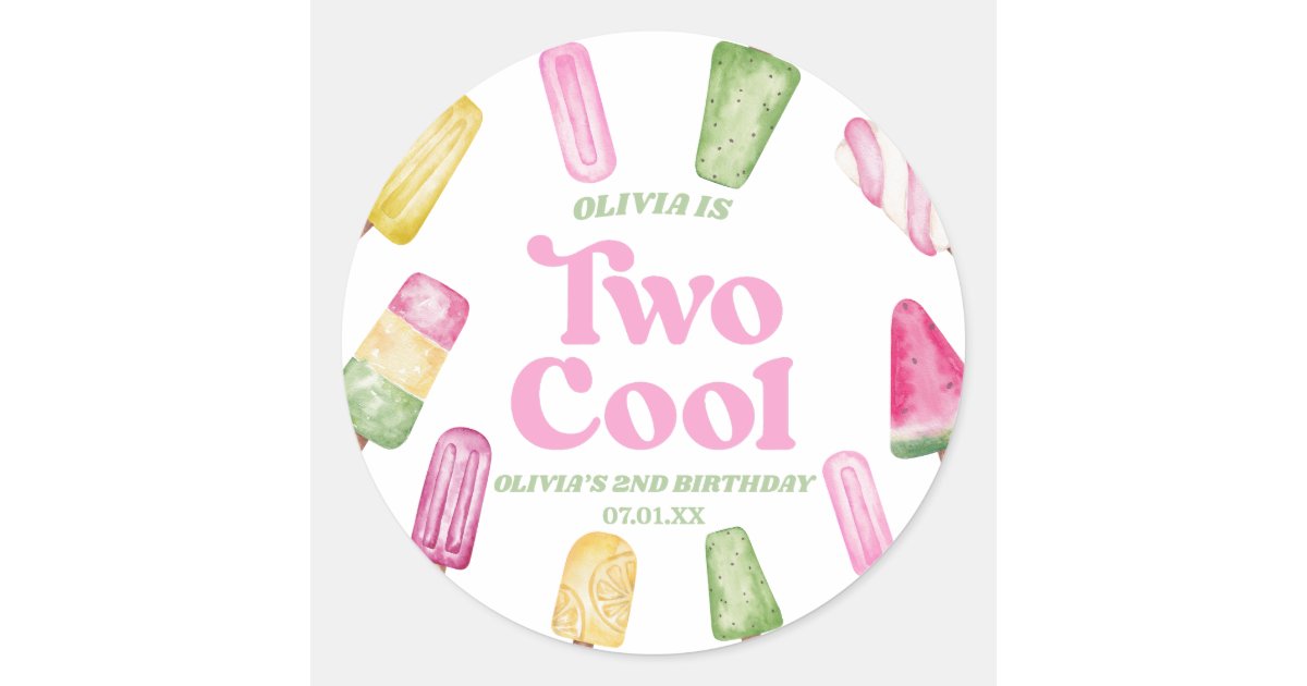 Two Cool Pink Retro Popsicle 2nd Birthday Party Classic Round Sticker ...