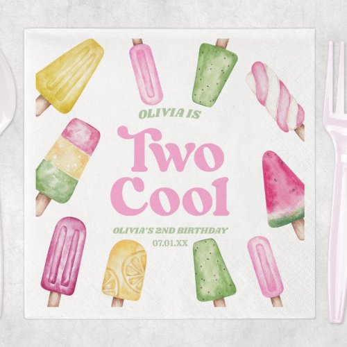 Two Cool Pink Retro Popsicle 2nd Birthday Party Napkins