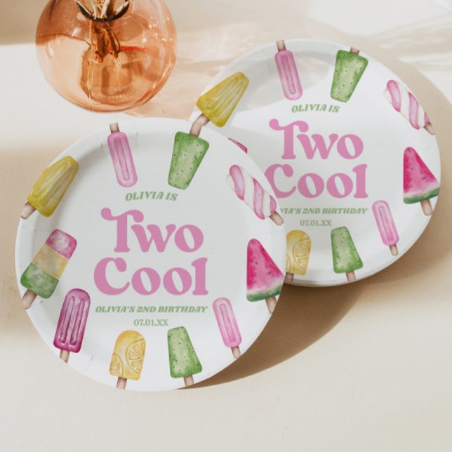 Two Cool Pink Retro Popsicle 2nd Birthday Party Paper Plates (Creator Uploaded)