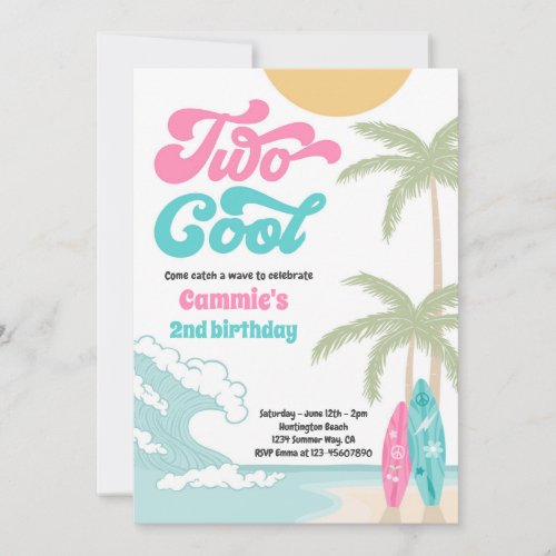Two Cool Retro Surfboard Beach 2nd Birthday Party Invitation