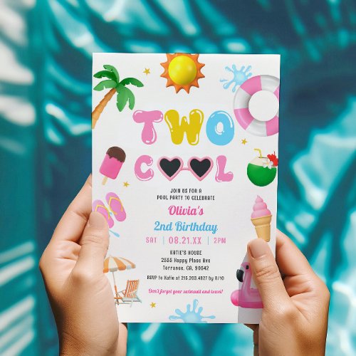 Two Cool Summer Pool Party Girl 2nd Birthday  Invitation