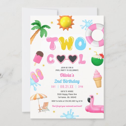 Two Cool Summer Pool Party Girl 2nd Birthday  Invitation