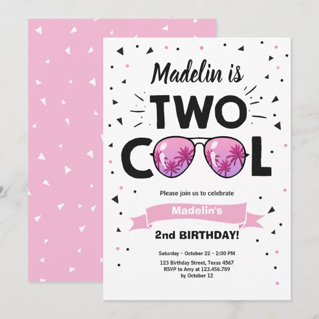Two Cool Summer Sunglasses Girl 2nd Birthday Invit Invitation (Front/Back)