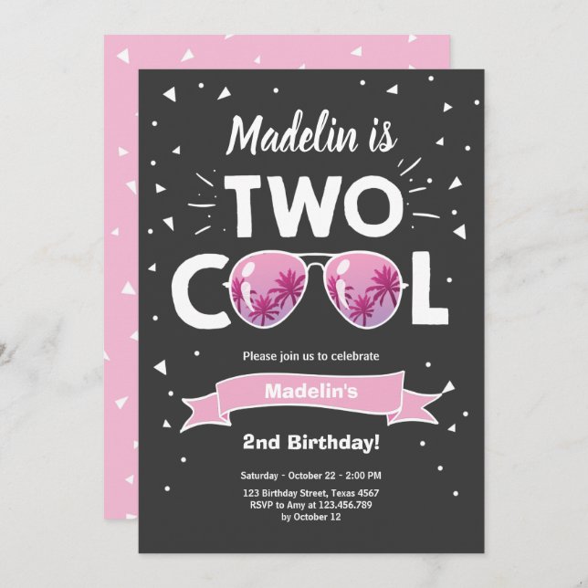 Two Cool Summer Sunglasses Girl 2nd Birthday Invit Invitation (Front/Back)