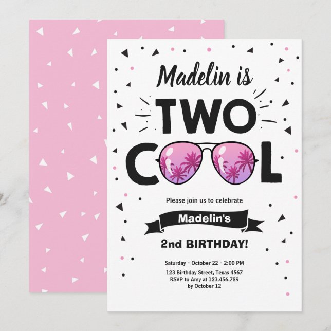 Two Cool Summer Sunglasses Girl 2nd Birthday Invitation (Front/Back)