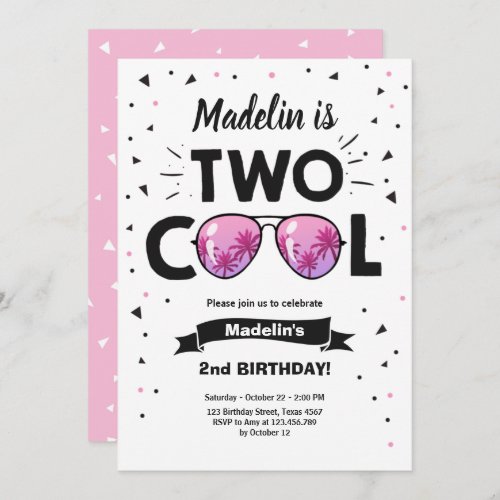 Two Cool Summer Sunglasses Girl 2nd Birthday Invitation