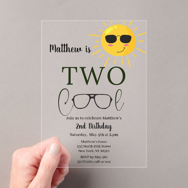 Two Cool Sunglass 2nd Birthday Simple  Acrylic Invitations (Insitu (Handheld))