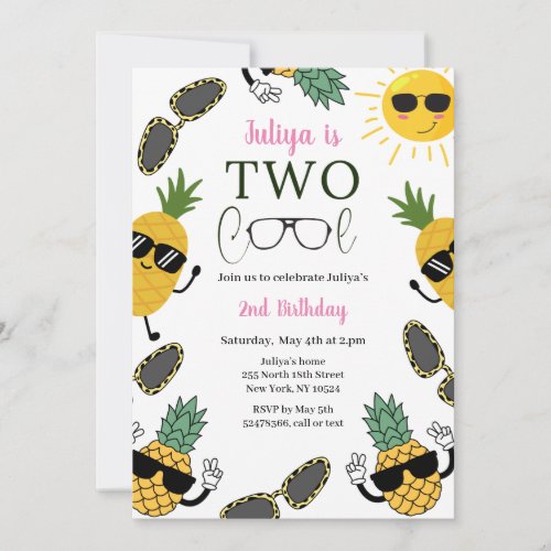 Two Cool Sunglass girl 2nd Birthday Invitation