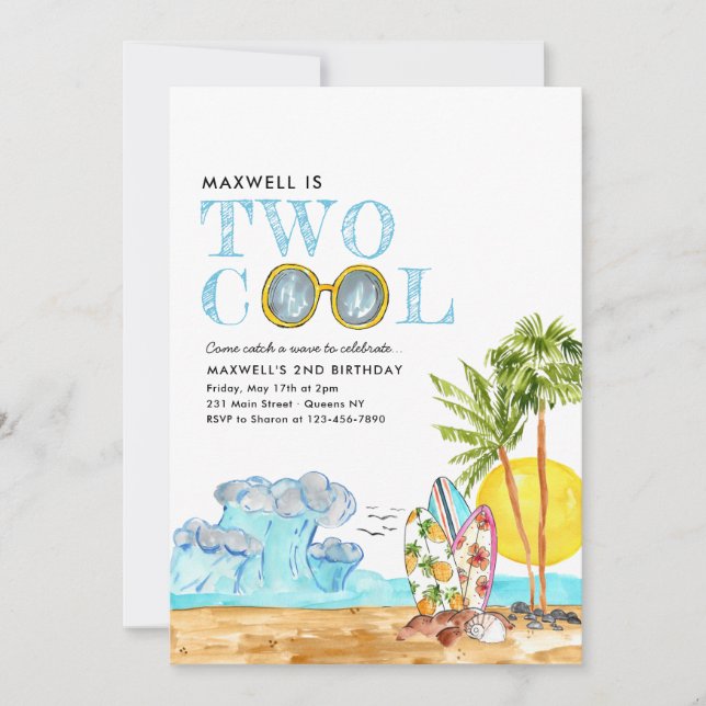 Two Cool Surfing Waves Tropical Beach 2nd Birthday Invitation (Front)