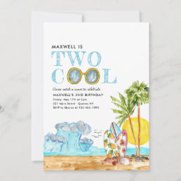 Two Cool Surfing Waves Tropical Beach 2nd Birthday Invitation