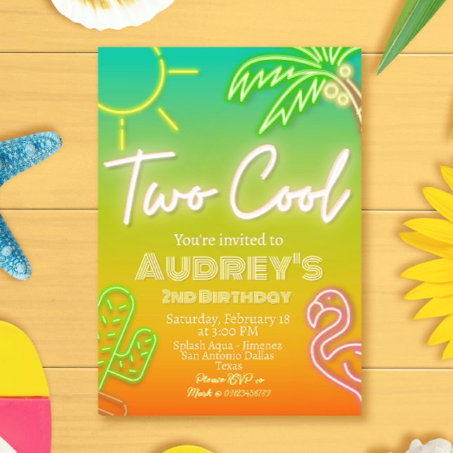 Two Cool Tropical Neon Pool Party Invitation (Two Cool Tropical Neon Pool Party 2nd Birthday Invitation)