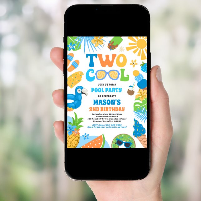 Two Cool Tropical Summer Beach 2nd Birthday Party Invitation (Front Digital)