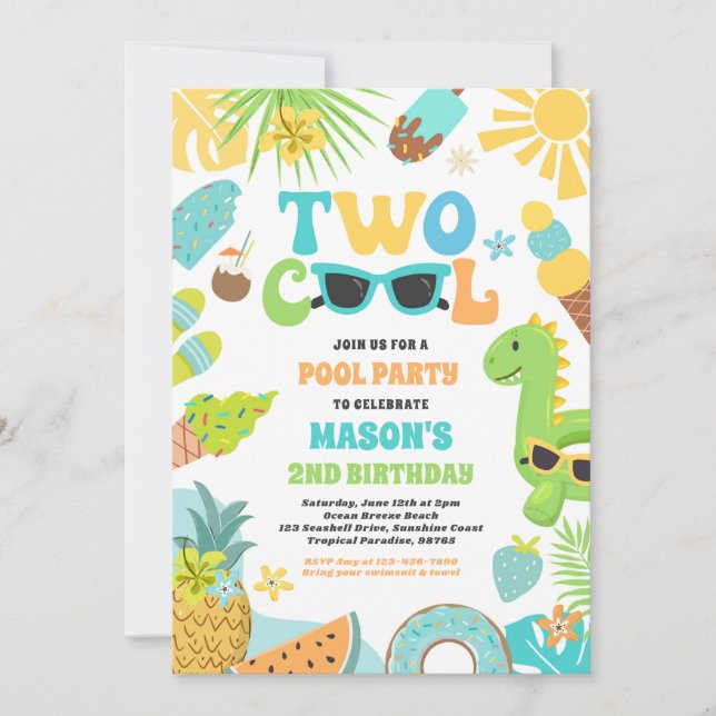 Two Cool Tropical Summer Beach 2nd Birthday Party Invitation (Front)