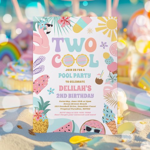 Two Cool Tropical Summer Beach 2nd Birthday Party Invitation
