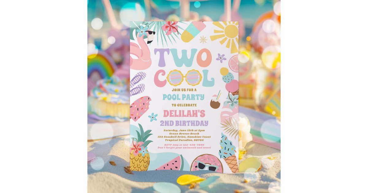 Two Cool Tropical Summer Beach 2nd Birthday Party Invitation | Zazzle