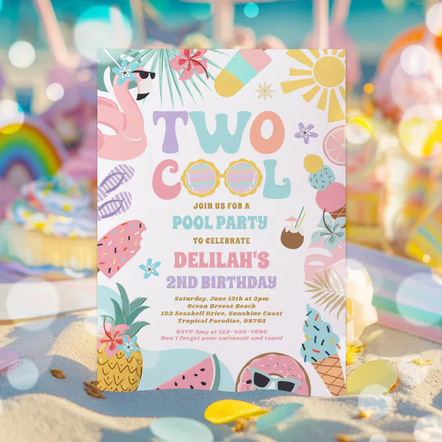 Two Cool Tropical Summer Beach 2nd Birthday Party Invitation | Zazzle
