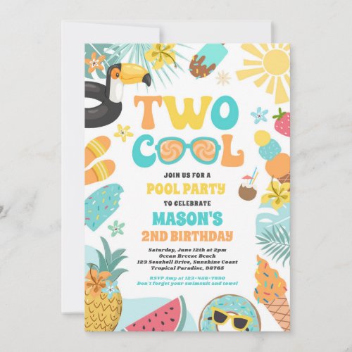 Two Cool Tropical Summer Beach 2nd Birthday Party Invitation