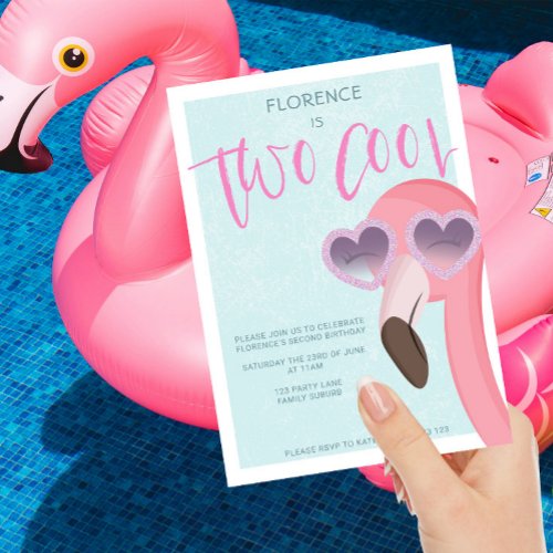 Two Cool  Tropical Summer Flamingo Birthday Invitation