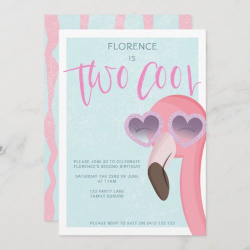 Two Cool  Tropical Summer Flamingo Birthday Invitation