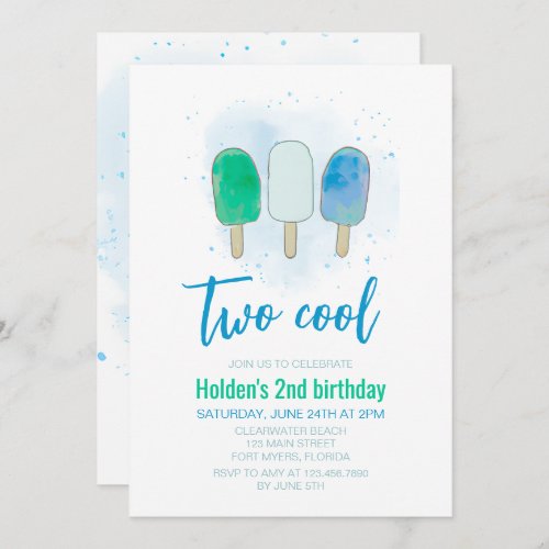 Two Cool Watercolor Popsicle Boy Birthday Invitation