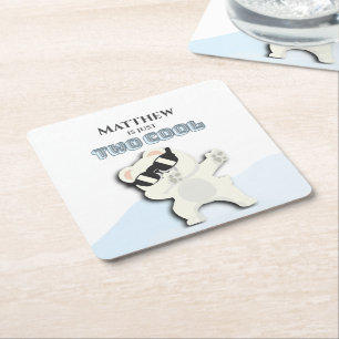 Two Cool Winter Polar Bear dabbing 2nd bday Square Paper Coaster