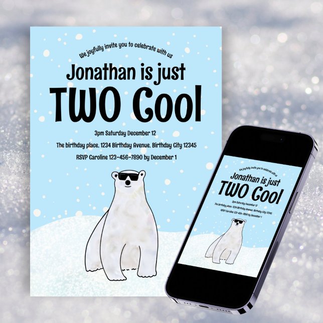 Two Cool Winter Polar Bear Snow 2nd Birthday Invitation (Creator Uploaded)