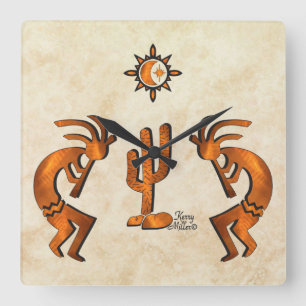 Two Copper Southwest Kokopelli  Square Wall Clock