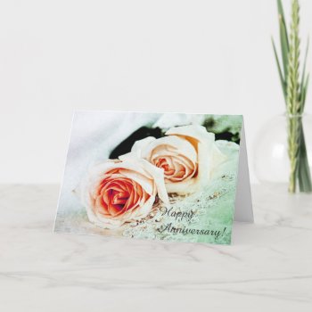 Two Coral Tender Roses - Happy Anniversary Card by justbecauseiloveyou at Zazzle