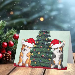 Two Corgi Christmas Tree Dog Santa Hat Cute Holiday Card