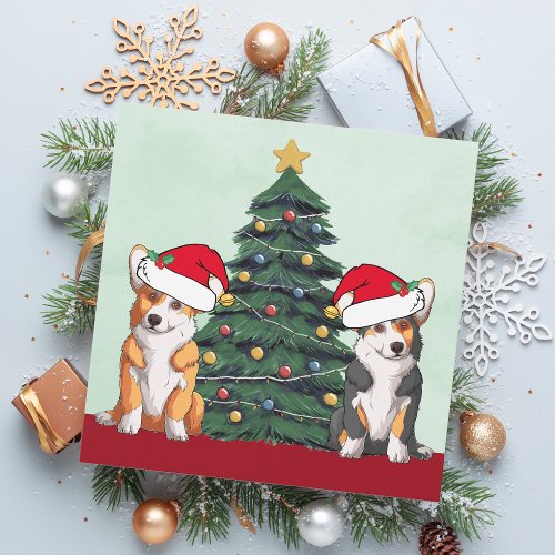 Two Corgi Christmas Tree Dog Santa Hat Cute Holiday Card