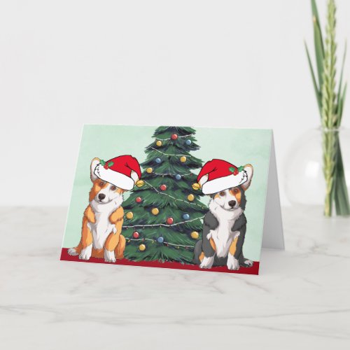 Two Corgi Christmas Tree Dog Santa Hat Cute Holiday Card