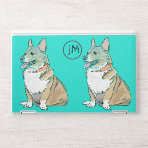 Two Corgi Pups on Turquoise Background Pen and Ink HP Laptop Skin