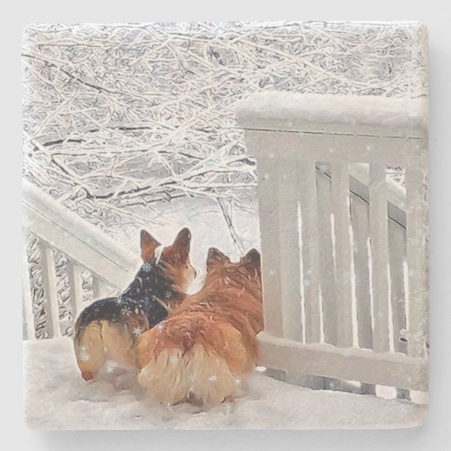 Two Corgis in Winter Stone Coaster (Front)