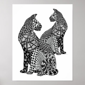 Two Cougar Tangled Black and White Cats pen/ink Poster