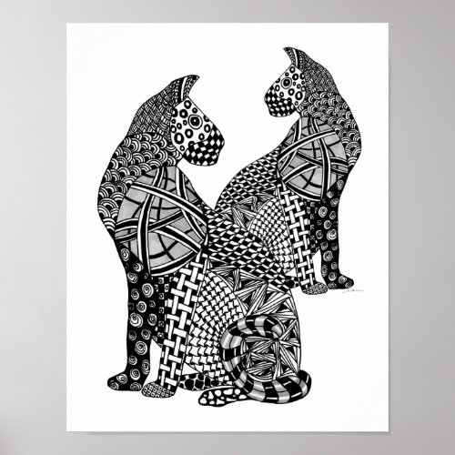 Two Cougar Tangled Black and White Cats penink Poster