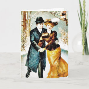 Two couples dancing and a young angel sitting on t holiday card