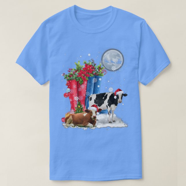 Two Cow Hat Santa Christmas Lights Funny Cow Chris T-Shirt (Design Front)