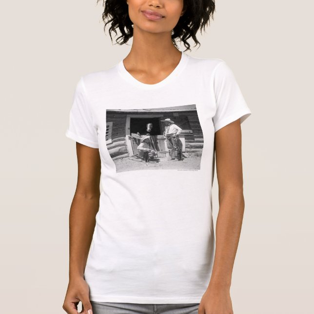 Two cowboys standing next to a barn with a horse T-Shirt (Front)