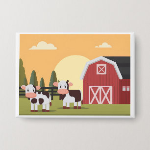 Two Cows and a Red Barn at Sunrise Button