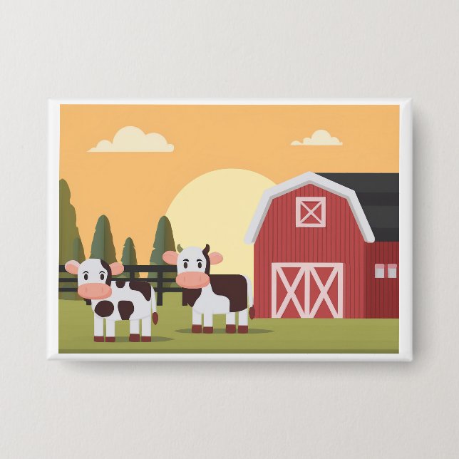 Two Cows and a Red Barn at Sunrise Button (Front)