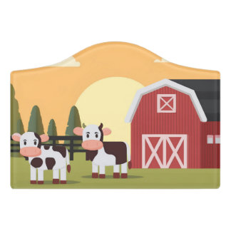 Two Cows and a Red Barn at Sunrise Door Sign