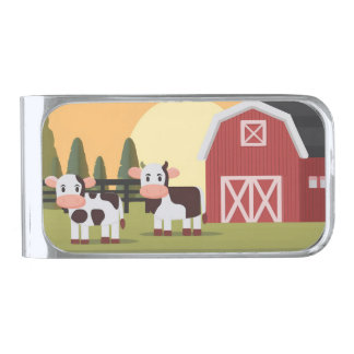 Two Cows and a Red Barn at Sunrise Silver Finish Money Clip