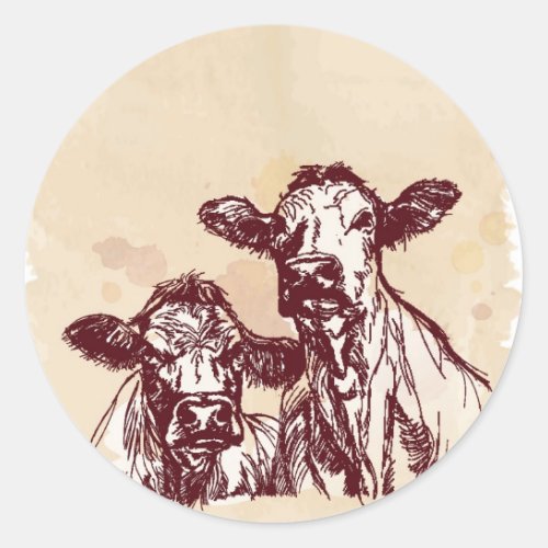 Two cows hand draw sketch  watercolor vintage classic round sticker