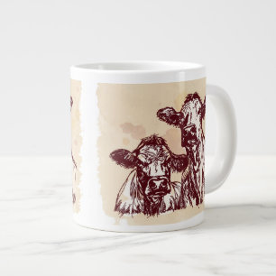 Two cows hand draw sketch & watercolor vintage giant coffee mug