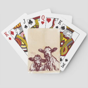 Two cows hand draw sketch & watercolor vintage poker cards