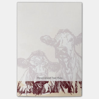 Two cows hand draw sketch & watercolor vintage post-it notes