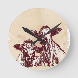 Two cows hand draw sketch & watercolor vintage round clock