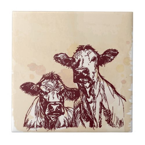 Two cows hand draw sketch  watercolor vintage tile